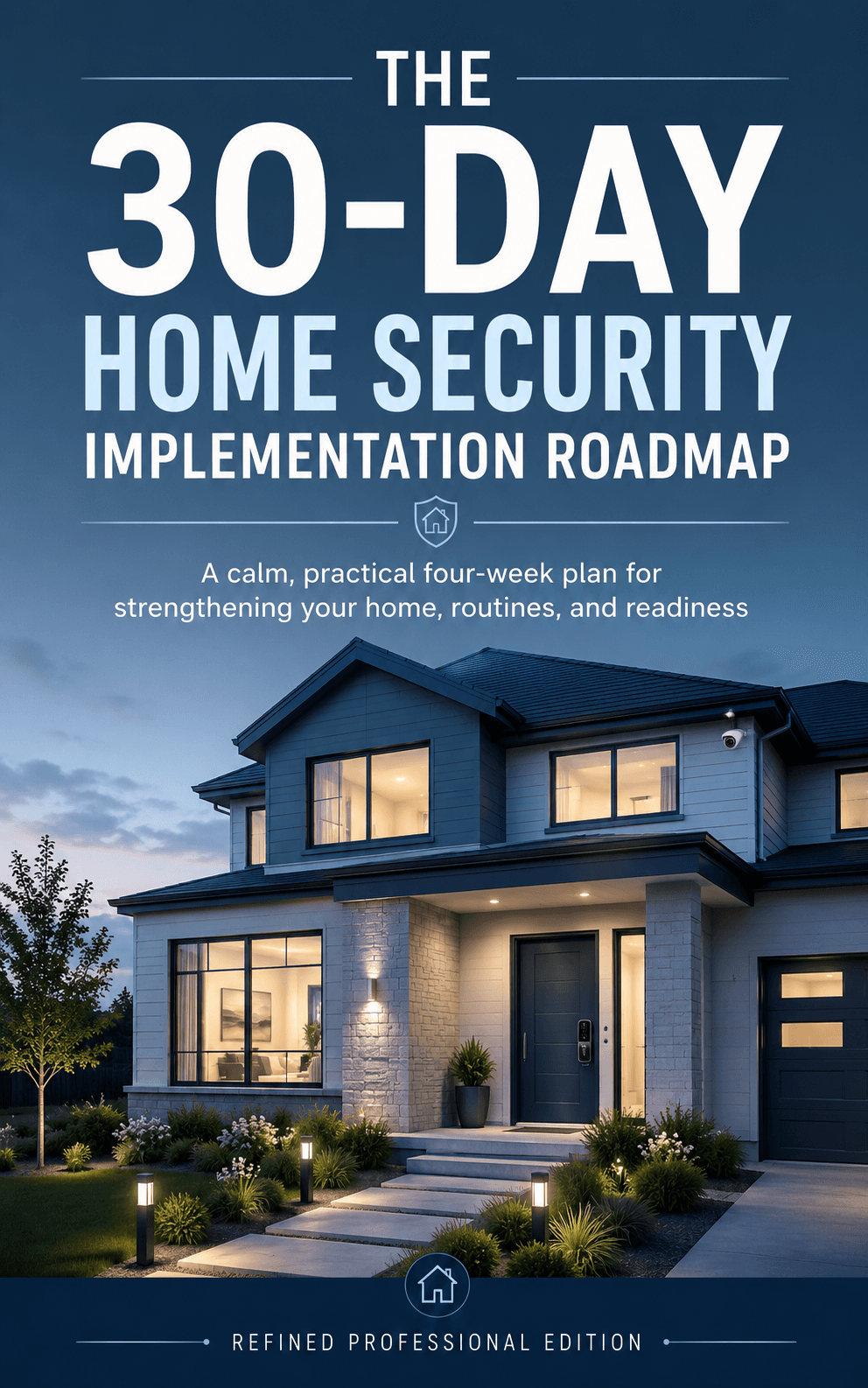 Modern secure suburban home with soft exterior lighting, smart lock, and calm evening atmosphere